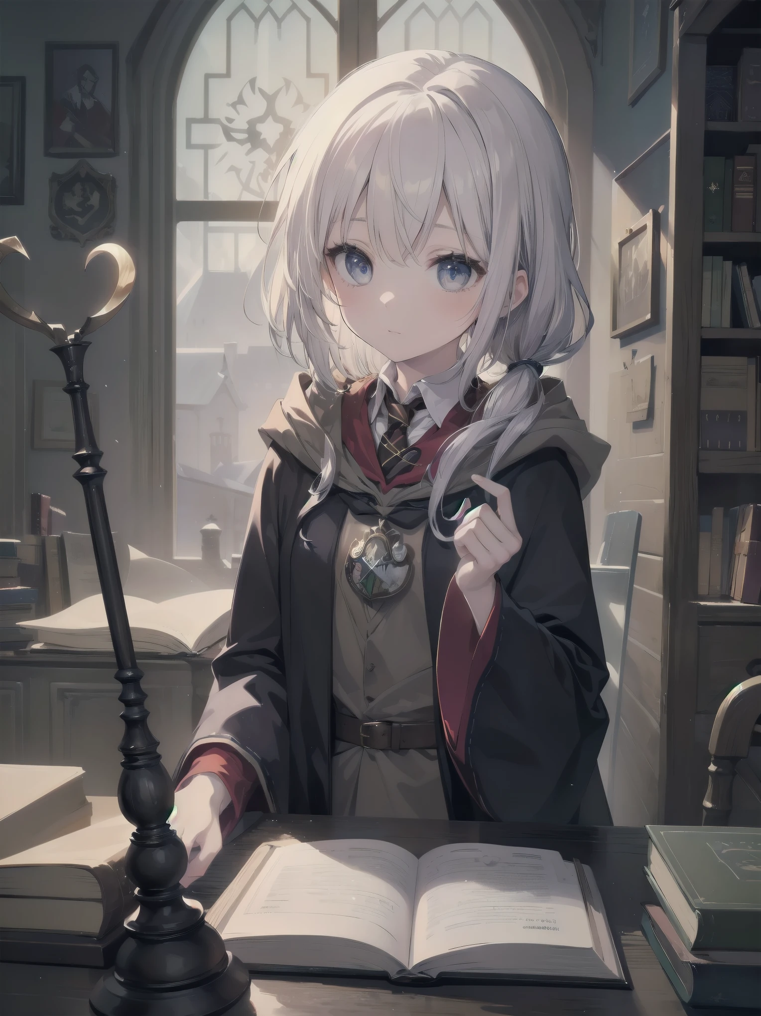 Masterpiece, Top Quality, Absurd, High Resolution, Subject Seismic, Animation Style Illustration with Mock Pause, 1 Girl, Solo, Cute random hairstyle, beautiful random expression and face, random age, slender, random clothing for situation,wizard robes, wand, magical castle, owl, spell book, (Hogwarts: 1.2), magic, wonder, (Harry Potter inspired: 1.3), mysterious atmosphere, details
