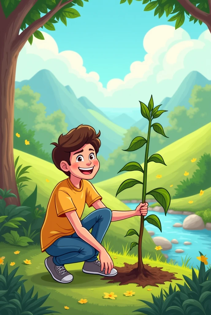 Nature that showing a person planting tree, in to cartoon
