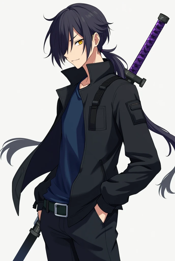Create an anime-style male character with short black hair covering his left eye a little, a big ponytail, big yellow eyes, Men&#39;s black windbreaker jacket with dark blue shirt, black gloves, black pants with men&#39;s black boots, with a purple-handled katana on his back.