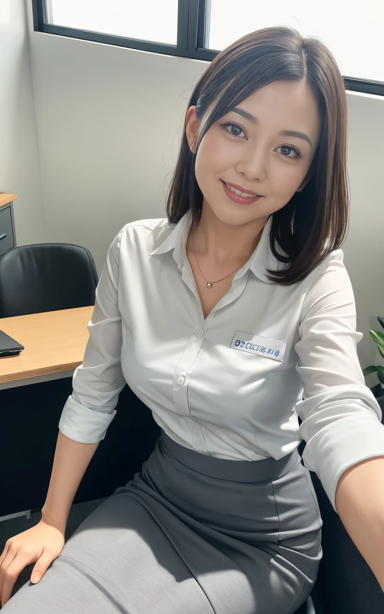 ((Best Quality, 8k, Masterpiecedetails, ultra-high resolution)), (looking at the viewer), (full shot:), attractive business 1 milf stting down on office, desk, a bit chubby:0.25, white collared shirt, grey skirt, (laying down on office desks)), smile, office of CEO,