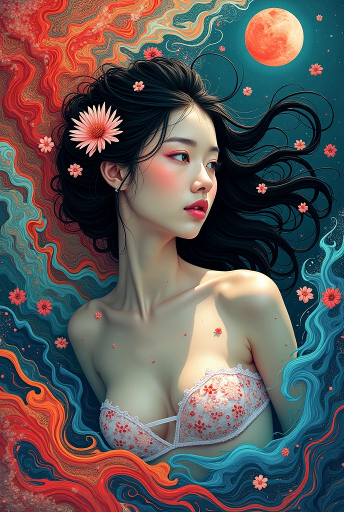 Colorful Abstract Art of Ink Forming a People, Lighting, Sub-Surface Scatterring, Glow, Award-winning Underwater Ink Art by Alberto Seveso, japanese anime, realistic, surreal, ((japanese woman)), portrait, absurdres,highres,ultra detailed,ultra-detailed background,detailed background,extremly detailed,1girl,bunch of flowers,(zentangle:1.2),(geometric:1.2) multi-colored color palette, monochromatic, big , cleavage, sideboob, lingerie, realistic depiction, arms behind back, kaleidoscopic, multidimensional, ethereal glow, captivating uniqueness, surreal juxtapositions, visual symphony, unforgettable visual narrative, edgy, mathematical, simple-shaped vectors, highly modern, stylistic, polygonal abstraction, vector art, bold lines, minimalist color scheme, digital art, abstract geometry
