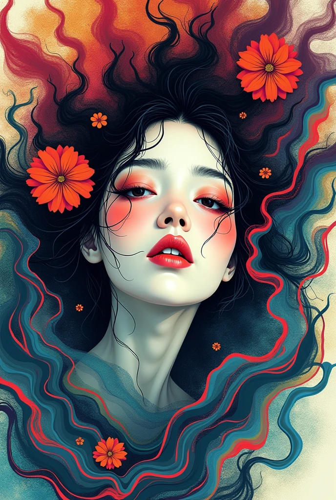 Colorful Abstract Art of Ink Forming a People, Lighting, Sub-Surface Scatterring, Glow, Award-winning Underwater Ink Art by Alberto Seveso, japanese anime, realistic, surreal, ((japanese woman)), portrait, absurdres,highres,ultra detailed,ultra-detailed background,detailed background,extremly detailed,1girl,bunch of flowers,(zentangle:1.2),(geometric:1.2) multi-colored color palette, monochromatic, big , cleavage, sideboob, lingerie, realistic depiction, arms behind back, kaleidoscopic, multidimensional, ethereal glow, captivating uniqueness, surreal juxtapositions, visual symphony, unforgettable visual narrative, edgy, mathematical, simple-shaped vectors, highly modern, stylistic, polygonal abstraction, vector art, bold lines, minimalist color scheme, digital art, abstract geometry