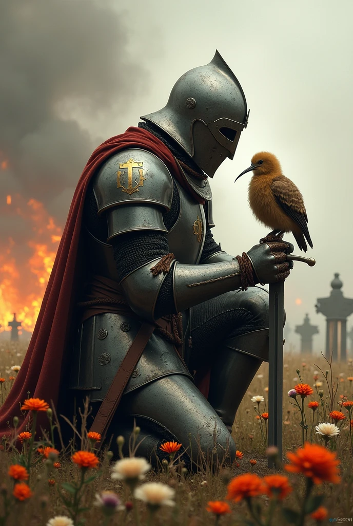 Medieval warrior with helmet covering his entire face (minute details in the armor which is of a general), on your knees and slightly crouched, leaning on his sword, watching a kiwi (the kiwi bird) and touching his head with the tips of his fingers of his left hand, in a field of flowers, which are burning in the background, since they are in a war field, with corpses in the distance, that the warrior is in 3/4