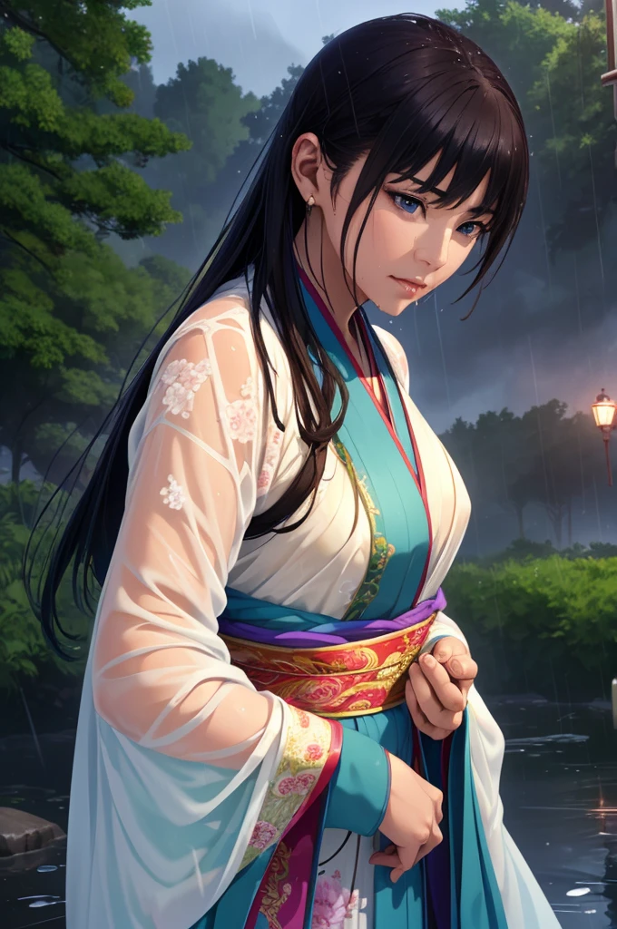 Heavy rain background、Field、in the forest、Walking in the river、On the run、In the fog、war (Highest quality,4K,8k,High resolution,masterpiece:1.2), Very detailed, (Realistic,Realistic,Realistic:1.37), High resolution, Hyper HD, Studio Lighting, Ultra-fine painting, Sharp focus, Physically Based Rendering, Very detailed説明, Professional, Vibrant colors, Bokeh, Sports Late Night, Ancient War Landscapes, Traditional Chinese Painting Techniques, Atmospheric lighting, Vivid color contrast, Ethereal atmosphere,Very detailed目と顔, Beautiful attention to detail, Light on the face,豪華なHanfu (Hanfu: 1.1),My whole body is wet、My clothes are wet and transparent、Nipples are visible、The nipples are pale pink、Dynamic pose、Rain clouds spreading across the sky、Heavy rain weather、Pouring rain、Wind and rain storm、((Soaked skin from head to toe))、((Rain-soaked clothes(Rain dripping from clothes))、((The lines of your body are clearly visible through your wet clothes...))、、Eye color is green、Tired look、Disheveled clothing、Slim figure、Small breasts、Complex combat scenarios