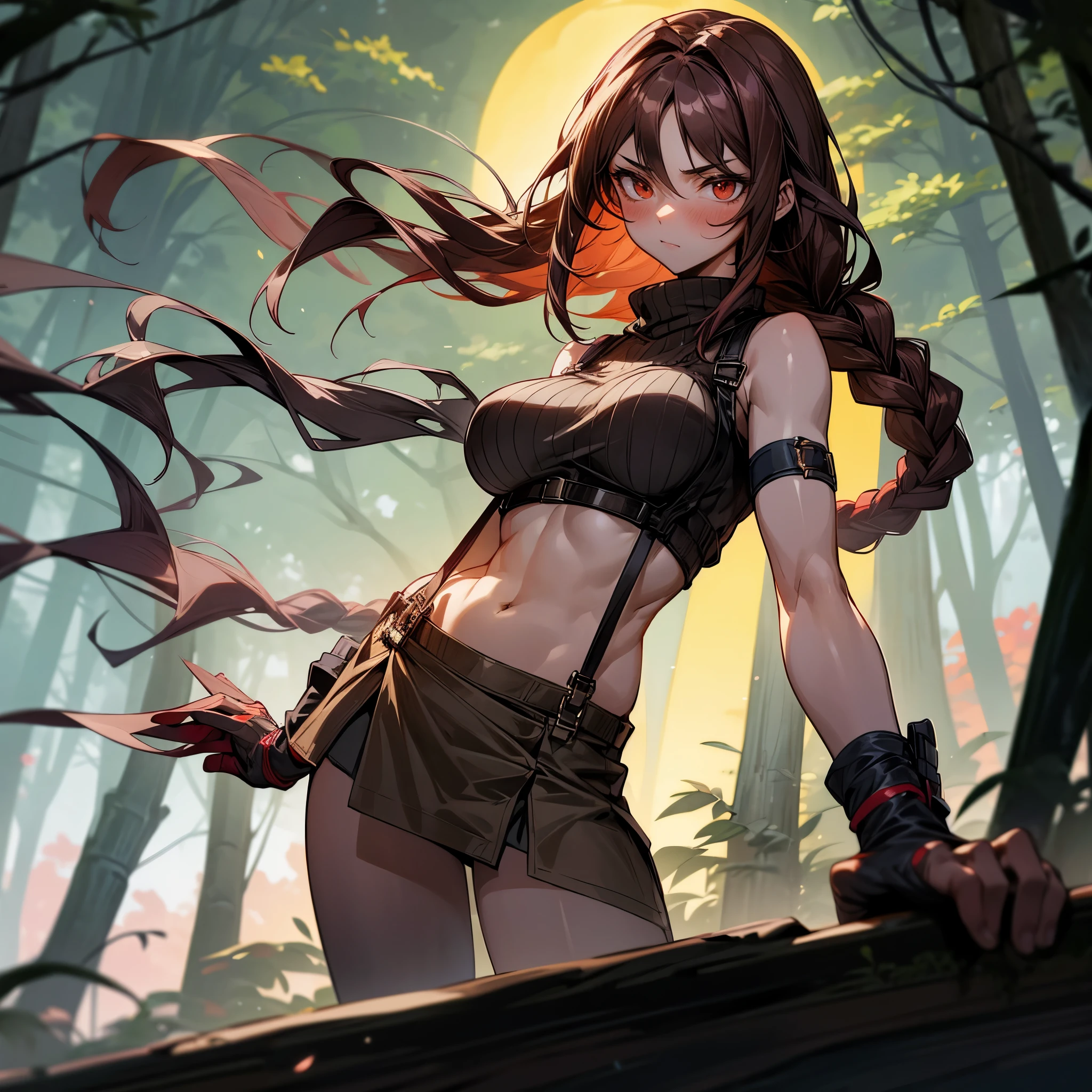 1female, sexy, big breast, young adult, finely detailed red eyes, wild long hair, braided hair, dark brown color hair, adventurer gear, suspenders, sleeveless crop top sweater, baggy combat skirt, night time, dark forest, somber expression, flowers, blushing, standing on path, lanturns, black armband, mma gloves