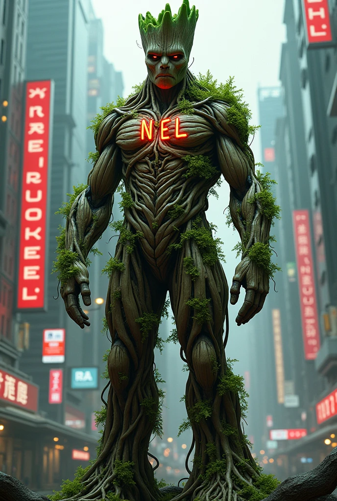 Generate like groot in marvel but he is full of like many roots cyberpunk.
Color: green and brown 
Outfit: body big with clear and not hidden print "NEL"