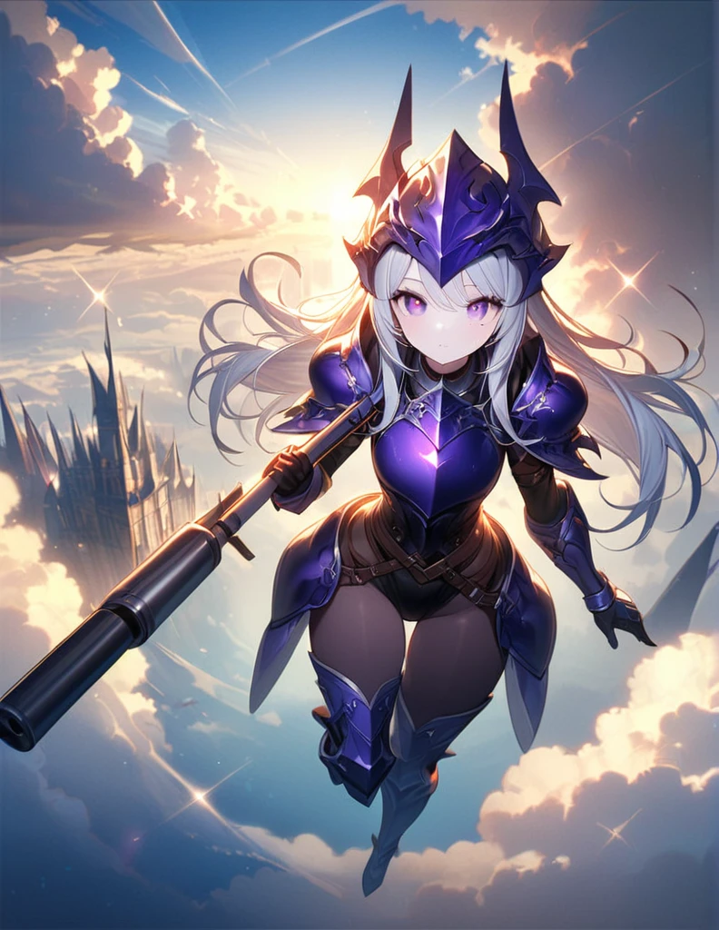 (One Woman),(Best image quality, 32K, masterpiece:1.3),((Silver long hair:1.1)),(Swept-apart bangs,Braiding), (Cute eyes, Dark Eyes), (Detailed eyes),(Mole under right eye), (Standard weight), (Glowing Skin:1.1),(Pale skin:1.2),(A fantastic atmosphere),(look up),Ultra-high resolution, Textured skin, Sparkle Effect, Full body Final Fantasy,female dragon knight,Violet plate armor,Blue-purple dragon helmet,
blue sky,cloud,jumping in the sky,jump,Jump high into the sky,
Big gunを両手で持っている,Big gun,gun,