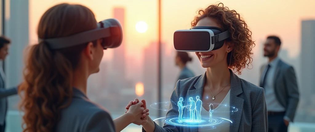 Create an image of a woman with curly hair holding a VR headset close to her face, displaying a futuristic cityscape scene through the lenses. The woman has a warm smile and is dressed in a modern, stylish outfit. Through the VR headset, two people are seen shaking hands, both wearing professional attire, standing against the backdrop of a city skyline. The scene includes holographic elements and digital interfaces, giving the impression of an advanced, high-tech environment. The woman’s expression shows satisfaction and confidence, while a holographic display appears in front of her chest, adding to the futuristic feel of the image. The atmosphere is warm, with a soft light illuminating the scene, suggesting a setting during sunset