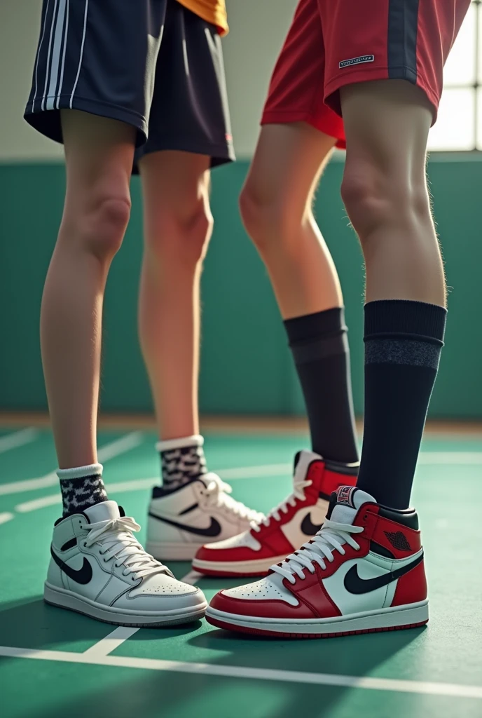 A   boy puts on his friend Nike air jordan 1 on a sports mat. Both have their hair styled and the sides at zero.