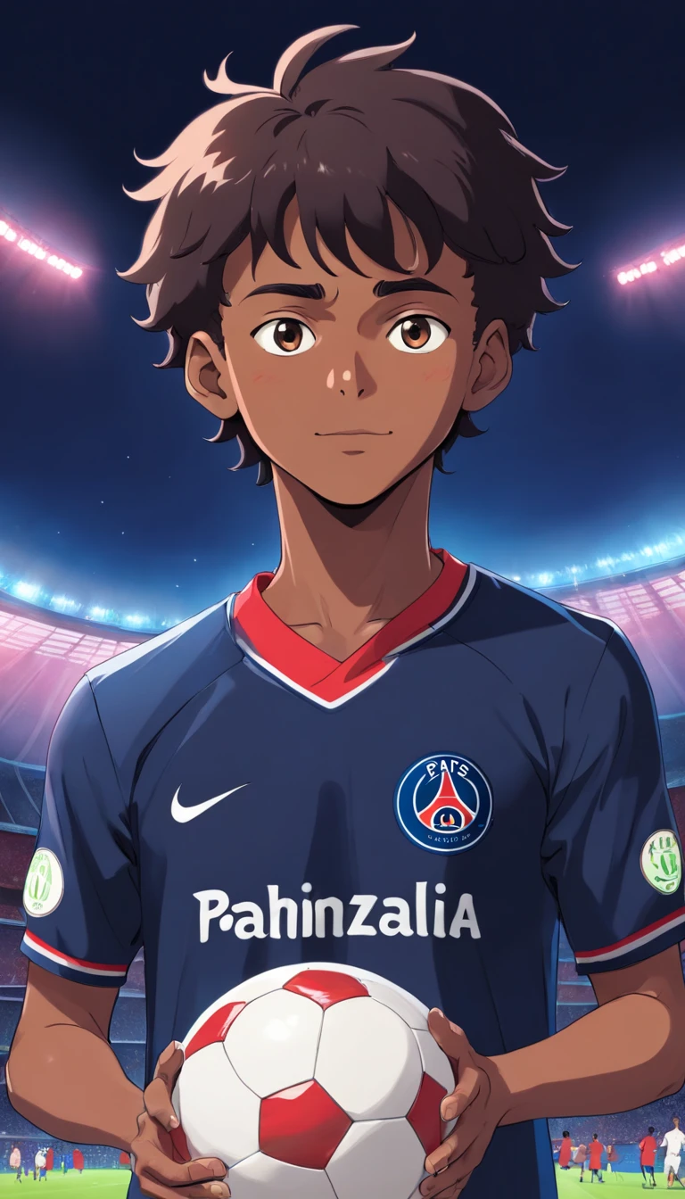 Black football player wearing PSG jersey