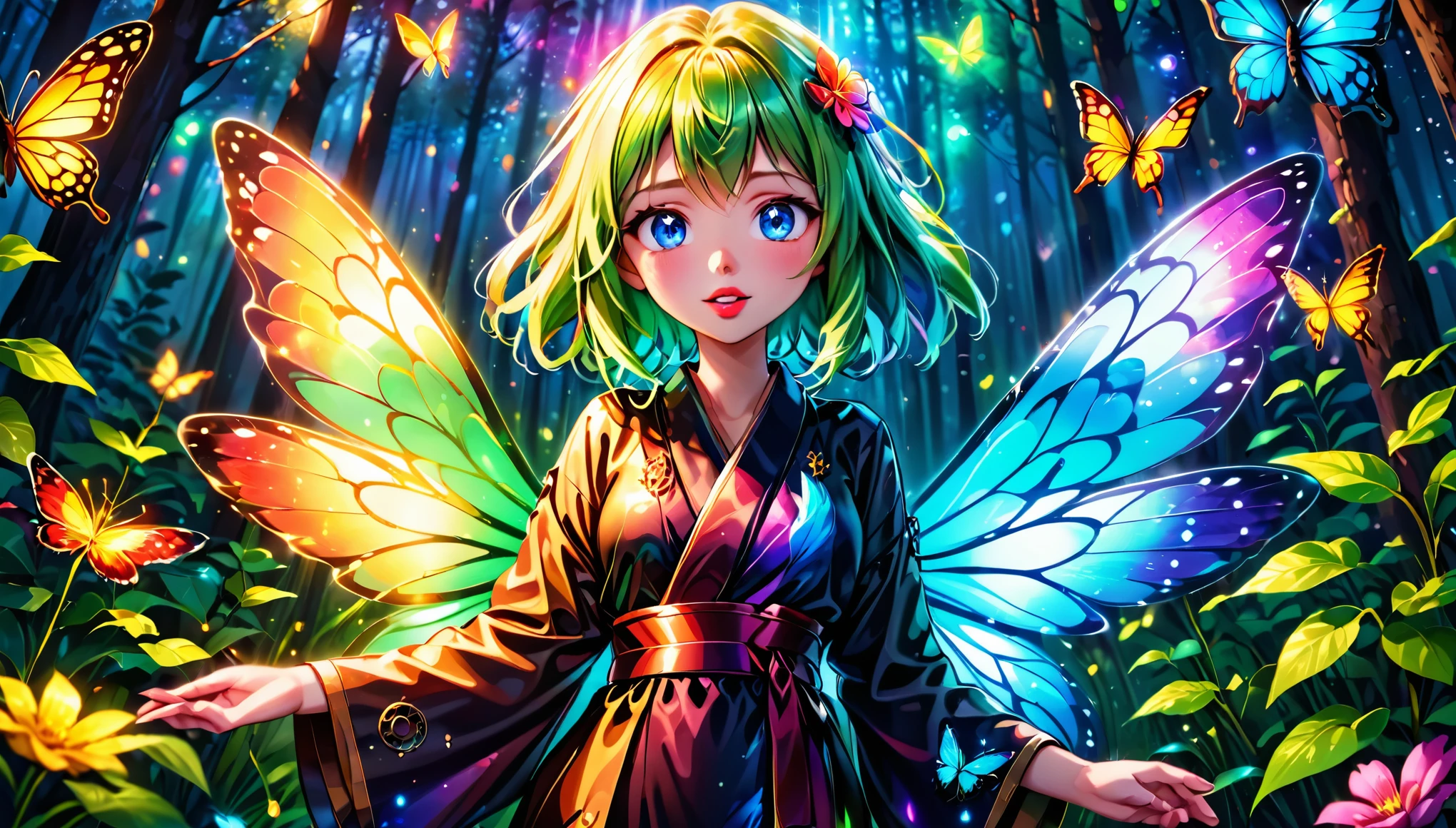 (Ethereal, fluorescent colors, neon lights, bioluminiscent skin,), aurora_borealis, vibrant colors BREAK steampunk BREAK full body, 3d render BREAK, (masterpiece), best quality, highres, 4k, 8k, cinematic lighting, amazing quality, amazing shading, soft lighting, full body, light particles floating, eerie aura, chromatic aberration, colorful forest lights during starry night time, oily skin, dynamic angle, colorful glowing chromatic flowers, starry night, butterfly hair ornament, wearing kimono, chromatic flower field, 1girl, Long layers, red lipstick, blue eyes, halo, multicolor hair, blushing face, large faerie wings, intricate detail, extremely detailed, Illustration, official artwork, anime style, wallpaper, official art, 35mm, analog style, a realistic photo, film grain, (photorealistic:0.6), taken by a canon eos r5, ultra detailed skin, ultra detailed face, perfect eyes, small skin imperfections, chromatic aberration, colorful, bright colors,