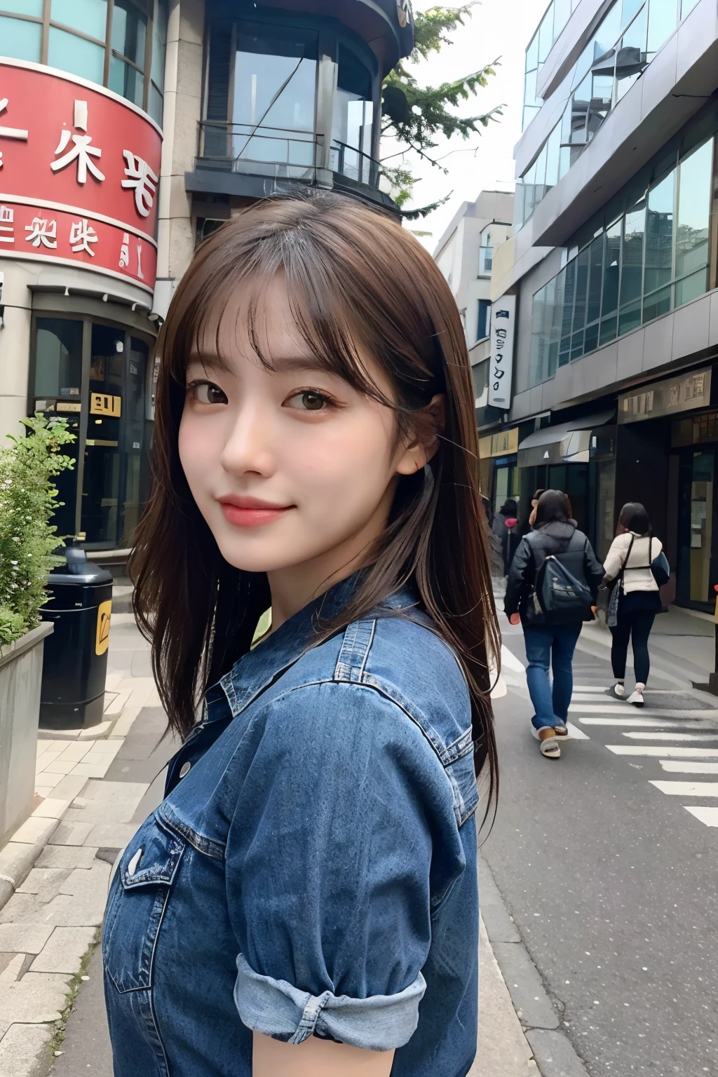 A casual urban photo of a young woman standing near a lamppost with a Japanese warning sign on it. She has long, slightly messy brown hair and is wearing a casual blue denim shirt. Her eyes are slightly squinted. In the background is a typical Japanese city street, with buildings and some greenery visible. The overall atmosphere is slightly moody and introspective, capturing a moment of quiet reflection in an everyday setting. Upper body, close-up of face, wide smile