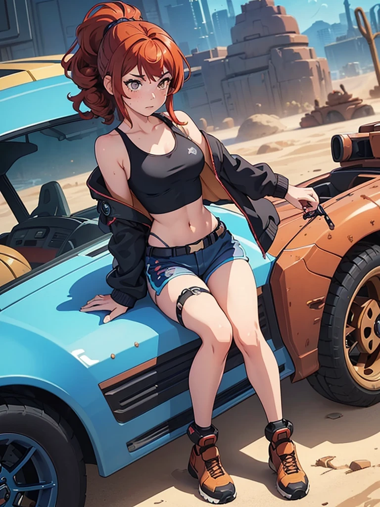 (masterpiece), (best quality), ((one girl)),alone, red hair,((brown eyes)),curly hair, anime style, freckles, (mall breast, (petite figure), blue and black cyberpunk jacket, shorts, tank top, legs, ((desert background))