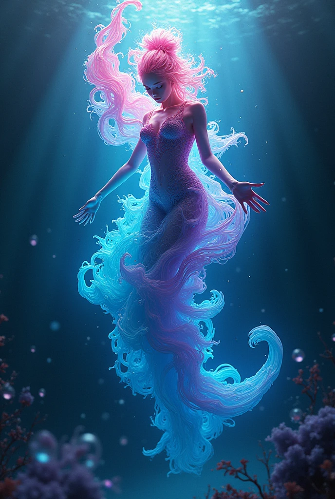 Colorful Abstract Art of Ink Forming a People, Lighting, Sub-Surface Scatterring, Glow, Award-winning Underwater Ink Art by Alberto Seveso, japanese anime, realistic, surreal, 