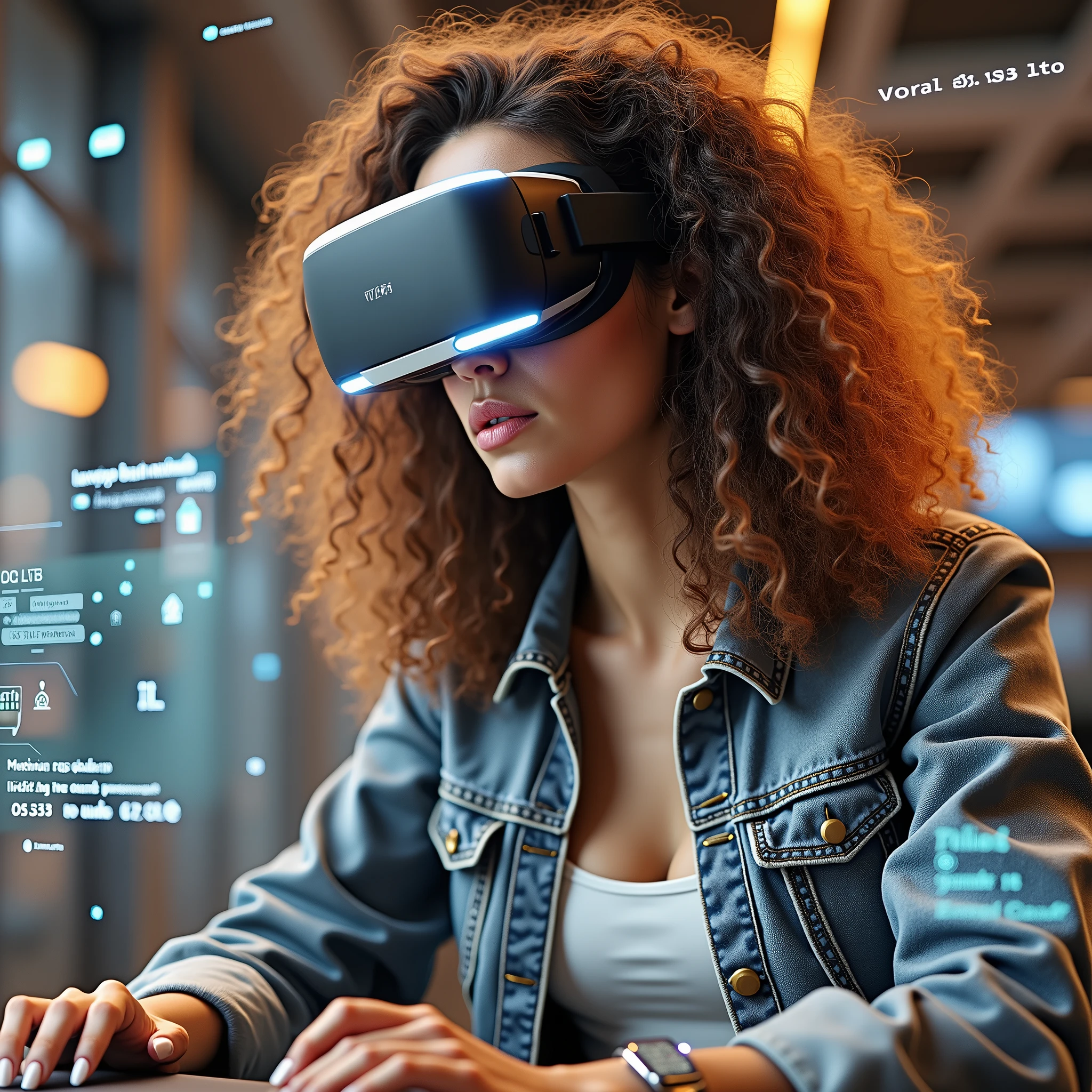 Create a photorealistic image of a young woman resembling Andy Allo, wearing a VR headset while working as a customer service representative in a futuristic setting. She has short, black hair and a warm skin tone. The woman is seated at a sleek desk with holographic interfaces surrounding her, indicating she is deeply focused on her tasks. Her posture and facial expression, visible beneath the headset, show intense concentration. The background includes a high-tech office space with large windows displaying a futuristic cityscape. The atmosphere should convey a sense of immersion and focus, with the VR technology enhancing her work environment.