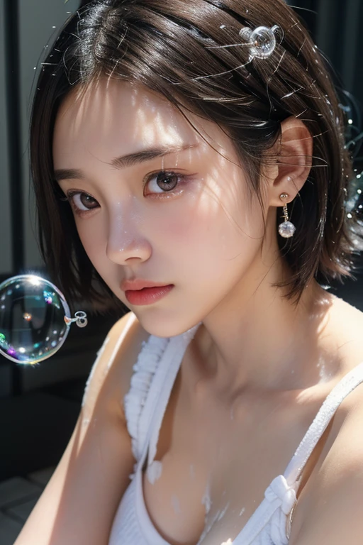 (2 pure Japanese girl,), (Small breasts:1.5,),(solo,,Textured skin, Detailed skin,Detailed face,Detailed eyes,detailed posing,Natural eyebrows,Sparkling Eyes,High detail, Highest quality, Super detailed, Surrealism, ,8k,RAW Photos,Photographicism,Professional Lighting,Ray Tracing,Portrait Photography,Soft Light),((Black Hair, Natural Makeup,Simple earrings, Half Up Bob,Tank top,Bra flashing)),(((Soap bubble,Playing with soap bubbles,Overexposure,)))