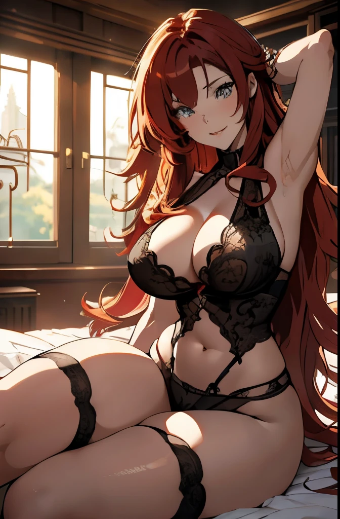 Anime, a glamour shot of a smiling Rias Gremory (extremely long wavy red hair), arms up, enormous breasts, big ass, Sitting demurely with her legs crossed on her bed, leaning toward the viewer, cowgirl, with Smokey eyes and knowing smile, sexy revealing lingerie, underboob, side boob, insanely detailed face and eyes, intricate, hyper-detailed bedroom, digital illustration, masterpiece, beautiful eyes, atmospheric lighting, centered, perfect anatomy, glowing eyes, candid portrait, clear, very detailed, smooth, sharp focus, focused on the viewer