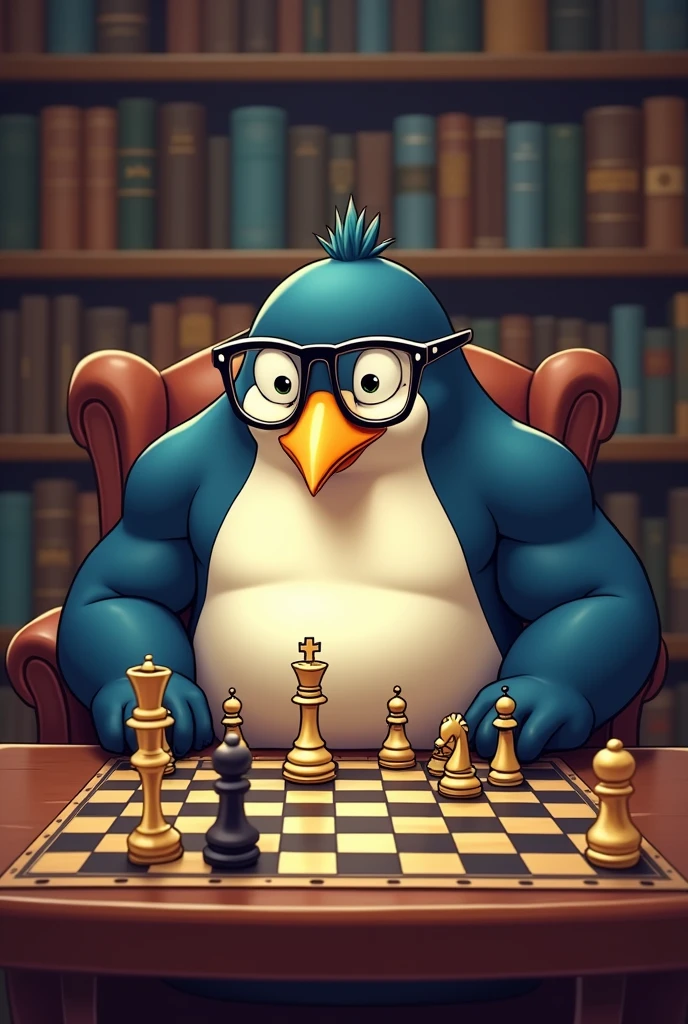 Cartoon image of a muscular penguin with black glasses playing chess