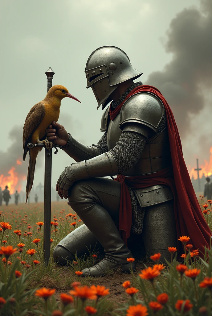 Medieval warrior with helmet covering his entire face (minute details in the armor which is of a general), on your knees and slightly crouched, leaning on his sword, watching a kiwi (the kiwi bird) and touching his head with the tips of his fingers of his left hand, in a field of flowers, which are burning in the background, since they are in a war field, with corpses in the distance, that the warrior is in 3/4