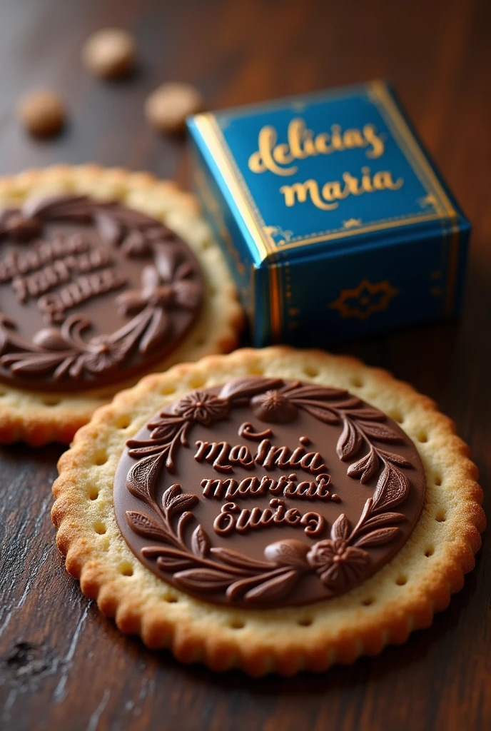 A thin round cookie on top has a layer of chocolate with relief and drawings in a circle, the chocolate and some letters that say María Puig. Next to the cookie there is a closed square package in royal blue with gold. The package says in gold letters Delicias María.