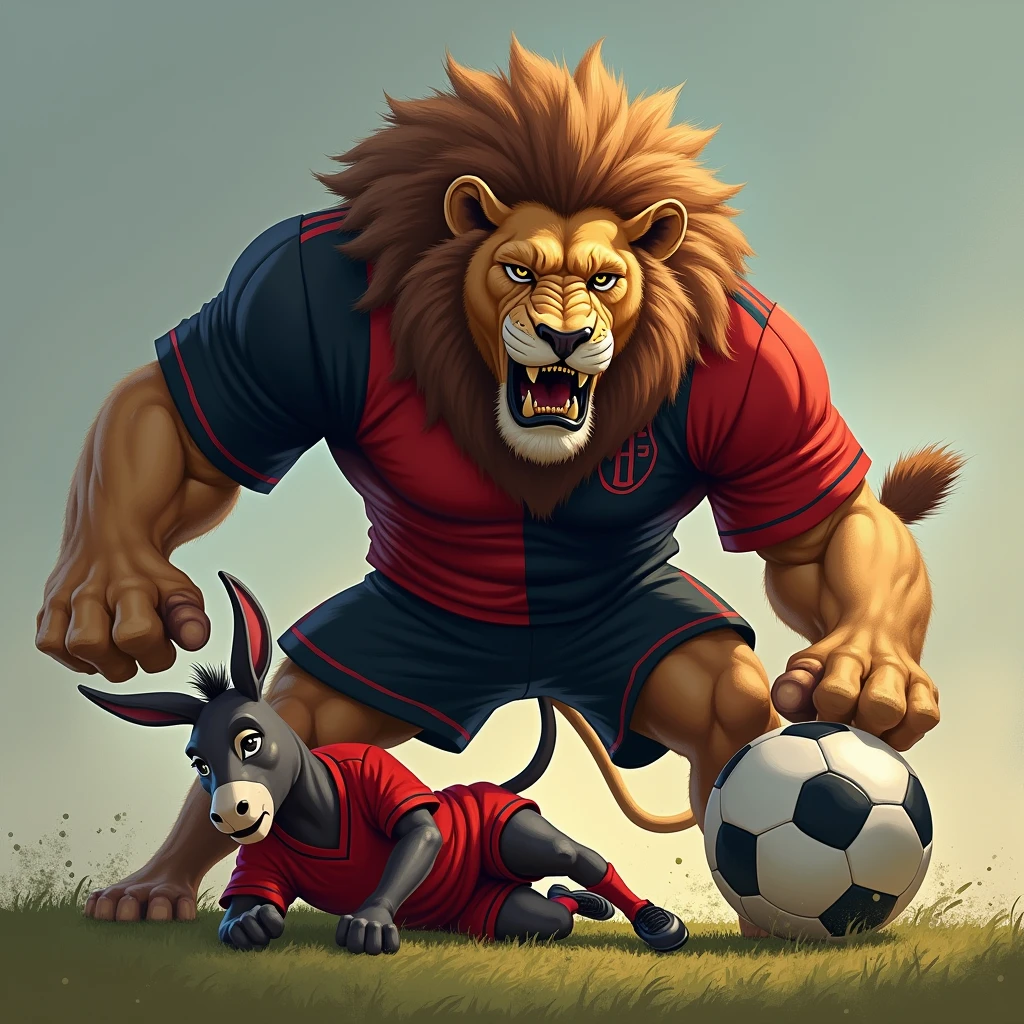 A lion wearing a black and red soccer jersey split in half vertically. The lion stomping on a donkey wearing a red jersey.