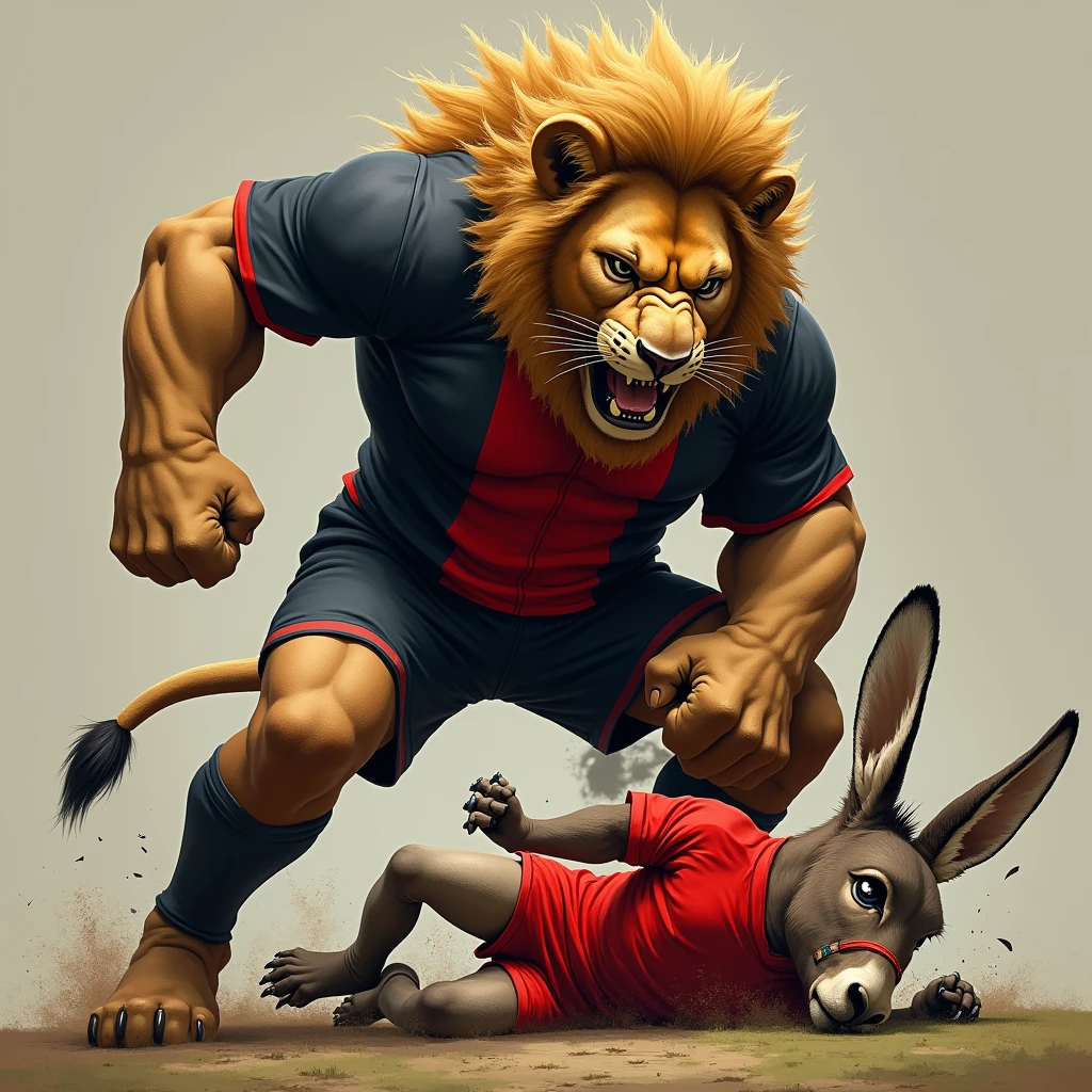A lion wearing a black and red soccer jersey split in half vertically. The lion stomping on a donkey wearing a red jersey.