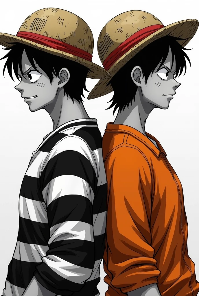 Monkey D. Luffy in a black and white striped long-sleeved prison uniform and Monkey D. .... Luffy in orange long sleeve prison uniform Original anime One Piece