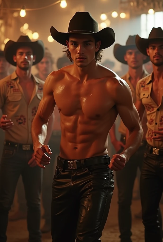 A cute young handsome gay man dancing at a cowboy party while the other men watch him wanting to conquer the shirtless dancer, cute, white skin, thin, some cowboys wear an arrayas shirt and black leather pants