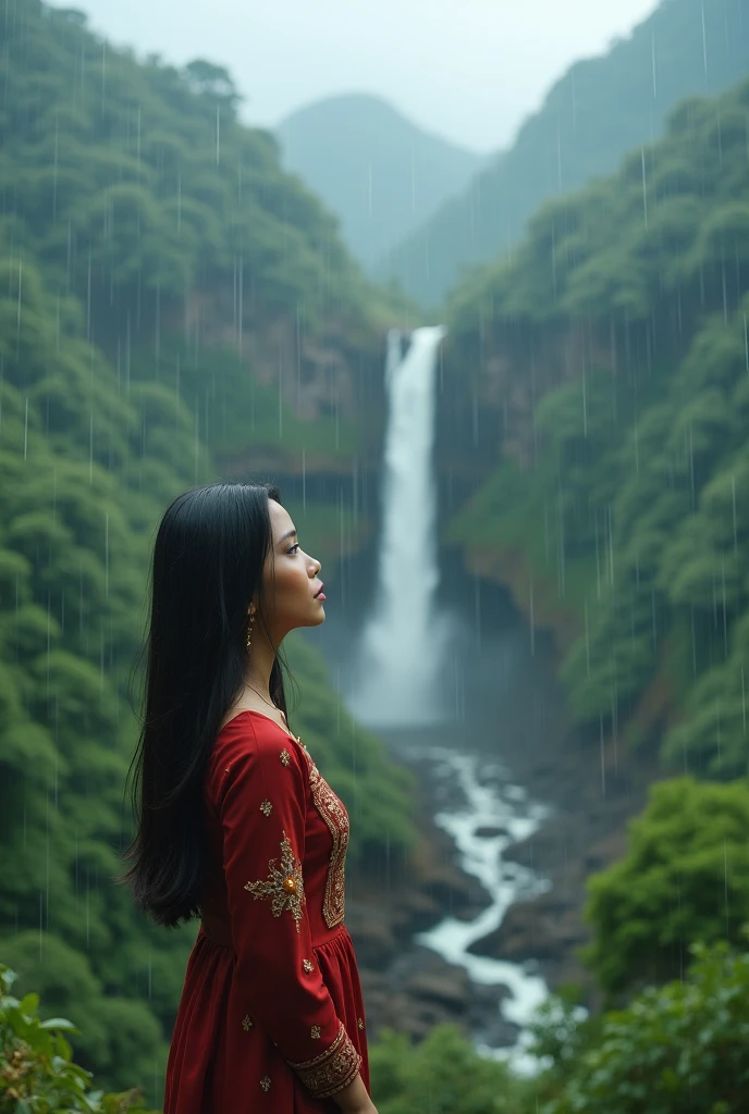 make me a photo of an Indonesian woman looking at the beauty of Indonesia while being rained on