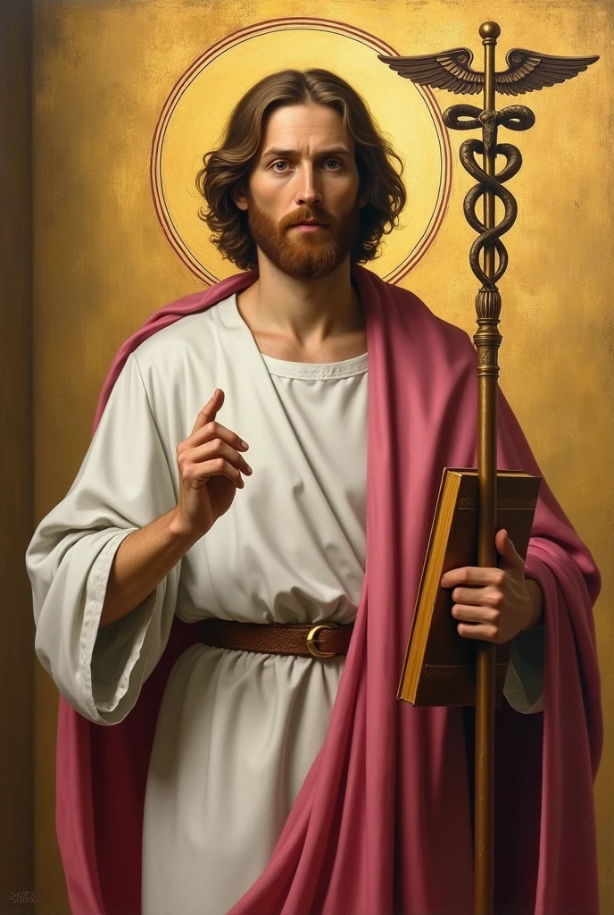 apostle saint matthew, patron of accounting, with a white tunic and a pinkish red cloak, with his book in his left hand, holding his staff in his right hand, and in the background a golden wall with a symbol "caduceus painted on the side".
