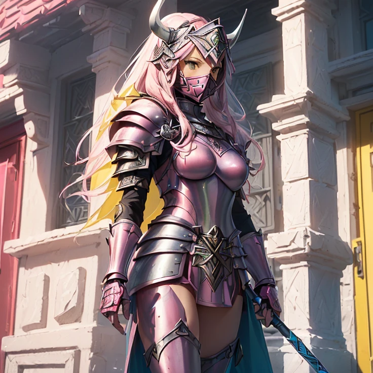 (masterpiece), (best quality), (detailed character and features), (HD), (high resolution), (solo, alone character), (fantasy), (simple background), (anime)
{{(1character:(female pink knight)):(((body full covered and armored in full knight pink armor))(pink steel knight helmet)(head full covered and protected by the helm, showing no face and no head features),((full Pink knight armor:(pink pink steel full knight cuirass),(pink pink gauntlets),(pink pink steel pink knight skirt),(pink pink steel belly pink armor),(pink shoulder pink armor pink plates),(pink steel pink armor pink long pink boots),(pink steel pink armor pink knee-plates),(pink steel pink elbow pink plates),(silver tiara up her head around the hair)),((holding with her left hand a long steel silver spear)),((Background:(viking styled city street),(sunny morning),((yellow, white, red, blue, green, stone viking houses) around the streets)))}}