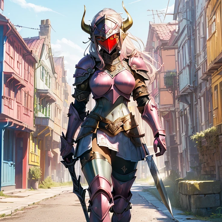 (masterpiece), (best quality), (detailed character and features), (HD), (high resolution), (solo, alone character), (fantasy), (simple background), (anime)
{{(1character:(female pink knight)):(((body full covered and armored in full knight pink armor))(pink steel knight helmet)(head full covered and protected by the helm, showing no face and no head features),((full Pink knight armor:(pink pink steel full knight cuirass),(pink pink gauntlets),(pink pink steel pink knight skirt),(pink pink steel belly pink armor),(pink shoulder pink armor pink plates),(pink steel pink armor pink long pink boots),(pink steel pink armor pink knee-plates),(pink steel pink elbow pink plates),(silver tiara up her head around the hair)),((holding with her left hand a long steel silver spear)),((Background:(viking styled city street),(sunny morning),((yellow, white, red, blue, green, stone viking houses) around the streets)))}}