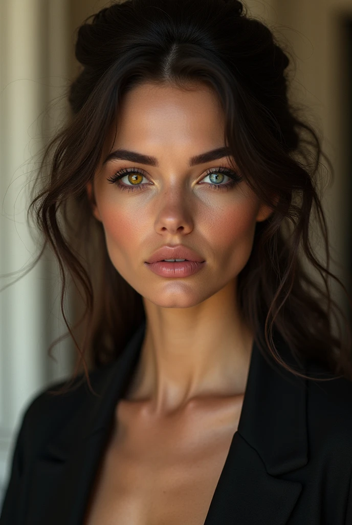 French１８Beautiful fashion model with heterochromatic eyes、The right eye is yellow and the left eye is blue.、half-up half-down hairstyle with loose curls, seductive pose, alluring gaze, and provocative attitude, French setting