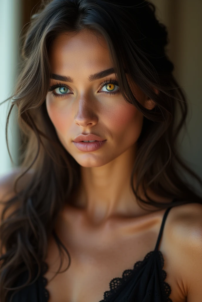 French18Beautiful fashion model with heterochromatic eyes、The right eye is yellow and the left eye is blue.、half-up half-down hairstyle with loose curls, seductive pose, alluring gaze, and provocative attitude, French setting