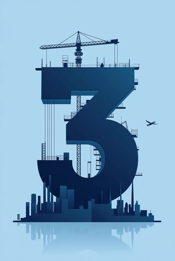 Create a logo with the image of a building under construction in the shape of the number 3, dark blue color and place some architectural elements