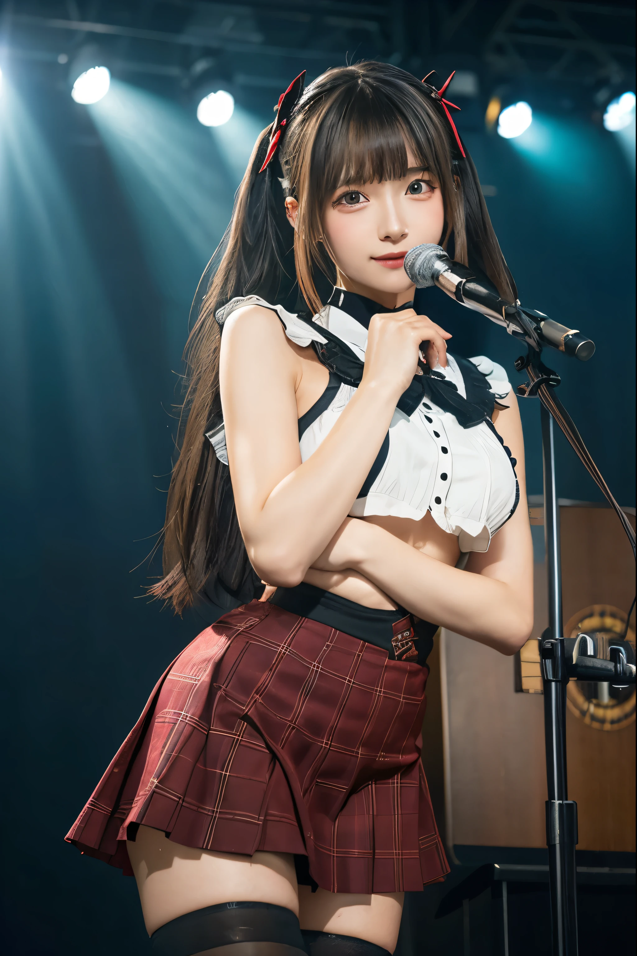 High school girl blazer、uniform、Red checked knee-length skirt、Long skirt、JK Style、Jacket、smile、Knee-high socks、Thigh-high socks、pantyhose、Extremely beautiful、Super cute、ennui、Rare Beauty、Dark black eyeshadow、sad、Skin radiance、Long Hair Straight Hair、Dark Gothic Makeup、Dark Smile、Fragrant beauty、Stained glass background、masterpiece、Highest quality、See 5 books、Sweat glistening on my chest、Sweat glistening on the face、Small breasts、2、Slightly slim、Mysterious look、Sad look、Mysterious Gothic Church、enchanting castle、Excessive sweating all over the body、Sweat dripping down thighs, shining in the light、Shiny thighs、Thighs、Sweat on thighs, shining brightly、sweat profusely、gal、Small breasts、Japanese face、Captivating look、Thin Thighs、play the guitar、I have a guitar、Enthusiastic singing、play the guitar in a band、Playing guitar chords、Background of the live music venue、Sing a song、Open your mouth、Scenery of a live music venue、Mike stand、Glamorous live stage、Dynamic Angles、Vivid straight long hair、delicate straight hair、