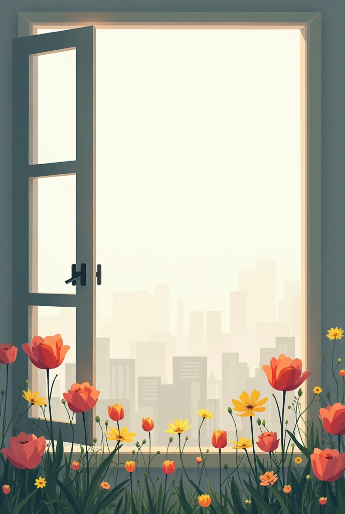 A minimalist design featuring a window partially open, with vibrant flowers in the foreground, symbolizing hope. Through the window, a cityscape in shades of gray fades into the background, representing the hidden struggles. A subtle breeze is shown passing through, blending the colors slightly, to symbolize the merging of the idealized and the real world.