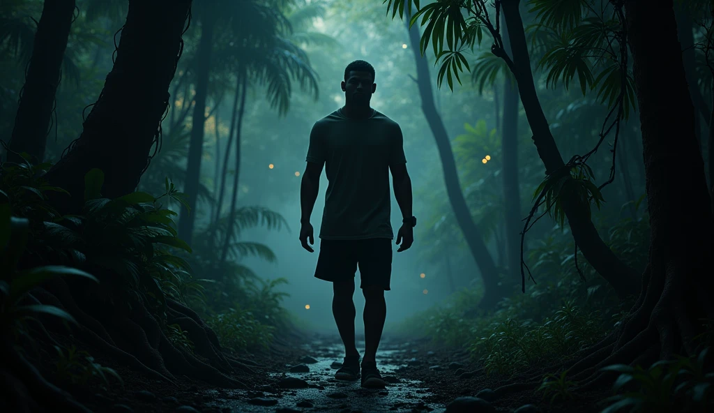 Kofi,30 years old, handsome, with short hair and a fair-skinned man, walks alone into a dense, shadowy jungle. Tall trees with thick vines twist and turn, blocking out much of the sunlight. The mood is tense but adventurous. Kofi’s expression shows determination mixed with slight anxiety. The ground is uneven with roots and small rocks. A path leads deeper into the unknown, hinting at dangers ahead. The jungle is alive with mysterious eyes glowing faintly in the shadows.