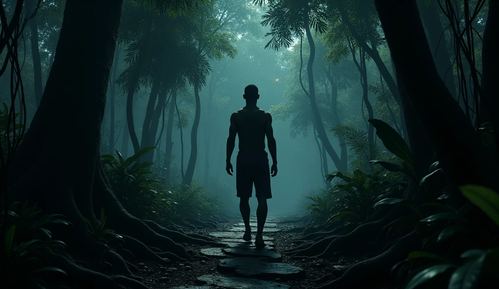 Kofi,30 years old, handsome, with short hair and a fair-skinned man, walks alone into a dense, shadowy jungle. Tall trees with thick vines twist and turn, blocking out much of the sunlight. The mood is tense but adventurous. Kofi’s expression shows determination mixed with slight anxiety. The ground is uneven with roots and small rocks. A path leads deeper into the unknown, hinting at dangers ahead. The jungle is alive with mysterious eyes glowing faintly in the shadows.