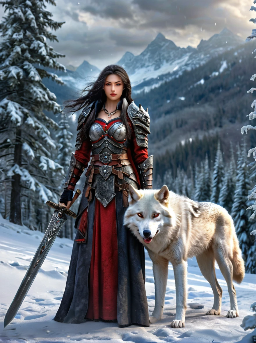 north female warrior,Wears a steel breastplate with wolf decoration,Lined with wolf leather,Lined leather amulet,Black long hair,Violet eyes,Wielding a long sword,(1 red-eyed albino direwolf standing beside her),Mountains,Quiet snow forest,full-body shot,Cartoon Style,Super Detail,Anatomically correct, masterpiece, accurate, textured skin, super detail, high details, award winning, 8k