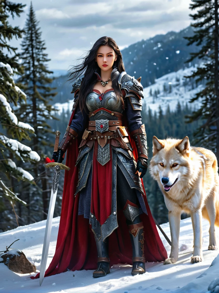 north female warrior,Wears a steel breastplate with wolf decoration,Lined with wolf leather,Lined leather amulet,Black long hair,Violet eyes,Wielding a long sword,(1 red-eyed albino direwolf standing beside her),Mountains,Quiet snow forest,full-body shot,Cartoon Style,Super Detail,Anatomically correct, masterpiece, accurate, textured skin, super detail, high details, award winning, 8k