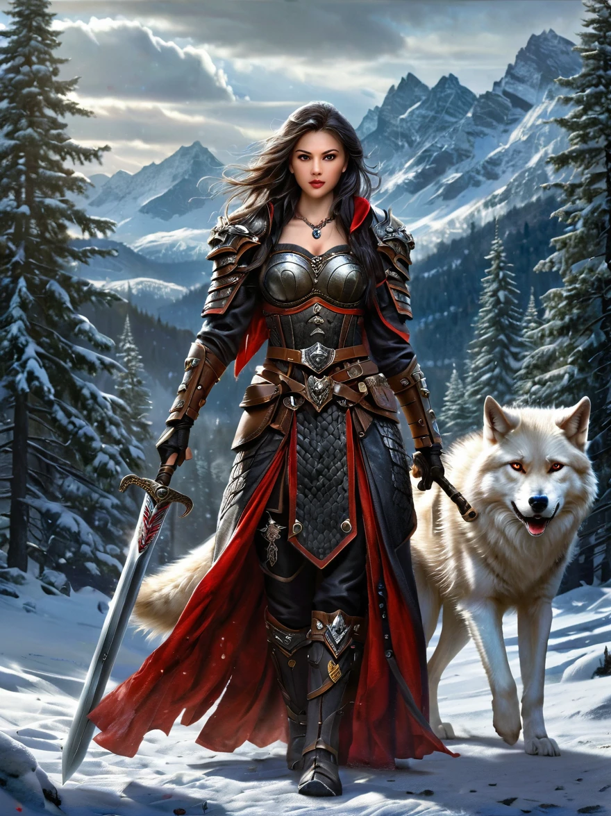 north female warrior,Wears a steel breastplate with wolf decoration,Lined with wolf leather,Lined leather amulet,Black long hair,Violet eyes,Wielding a long sword,(1 red-eyed albino direwolf standing beside her),Mountains,Quiet snow forest,full-body shot,Cartoon Style,Super Detail,Anatomically correct, masterpiece, accurate, textured skin, super detail, high details, award winning, 8k