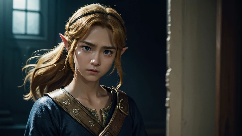 High Fantasy、Vivid depiction、Live Action、Upper body only、Zelda with a sad face、Tears flow、Dark Room Background