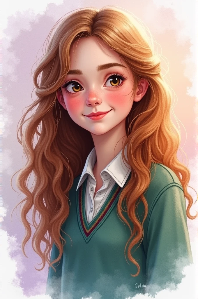 Drawing of the Harry Potter character Hermione, painted with watercolor in pastel tones