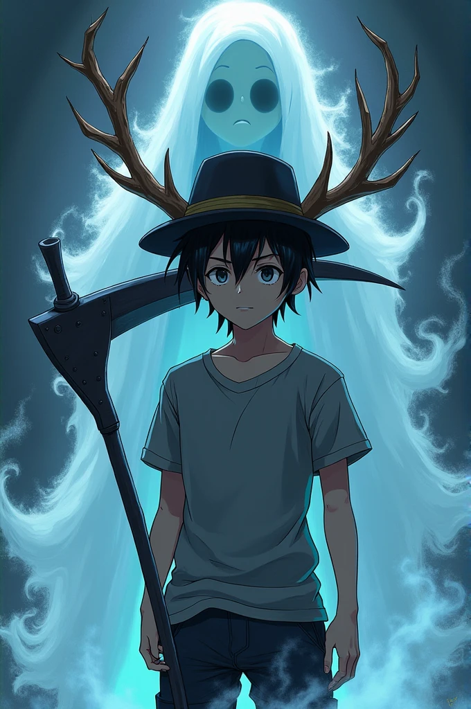 anime boy, Spiky black hair, mũ fedora team, gray shirt, sừng nai, scythe, ghost behind