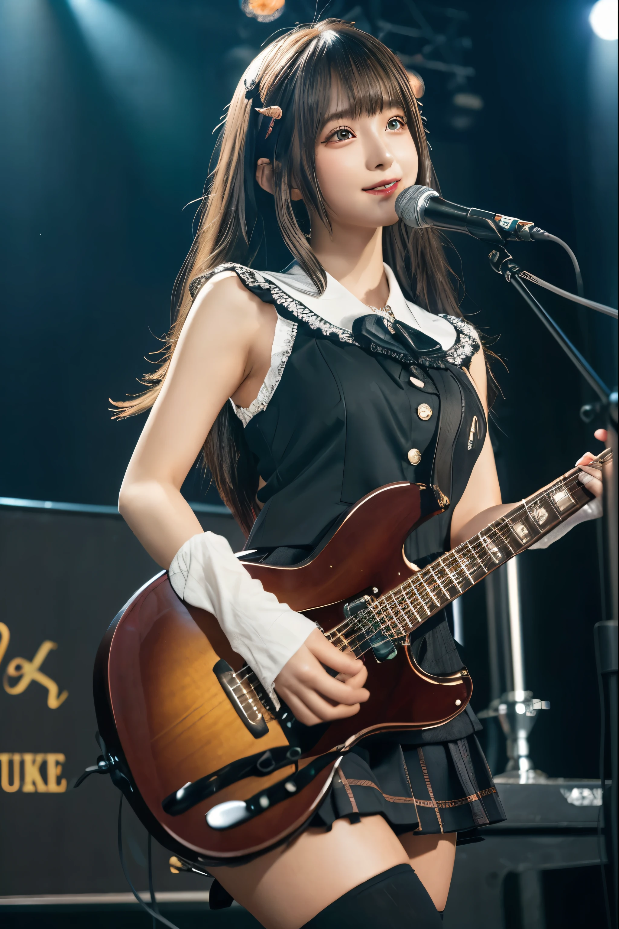 High school girl blazer、uniform、Red checked knee-length skirt、Long skirt、JK Style、Jacket、smile、Knee-high socks、Thigh-high socks、pantyhose、Extremely beautiful、Super cute、ennui、Rare Beauty、Dark black eyeshadow、sad、Skin radiance、Long Hair Straight Hair、Dark Gothic Makeup、Dark Smile、Fragrant beauty、Stained glass background、masterpiece、Highest quality、See 5 books、Sweat glistening on my chest、Sweat glistening on the face、Small breasts、2、Slightly slim、Mysterious look、Sad look、Mysterious Gothic Church、enchanting castle、Excessive sweating all over the body、Sweat dripping down thighs, shining in the light、Shiny thighs、Thighs、Sweat on thighs, shining brightly、sweat profusely、gal、Small breasts、Japanese face、Captivating look、Thin Thighs、play the guitar、I have a guitar、Enthusiastic singing、play the guitar in a band、Playing guitar chords、Background of the live music venue、Sing a song、Open your mouth、Scenery of a live music venue、Mike stand、Glamorous live stage、Dynamic Angles、Vivid straight long hair、delicate straight hair、