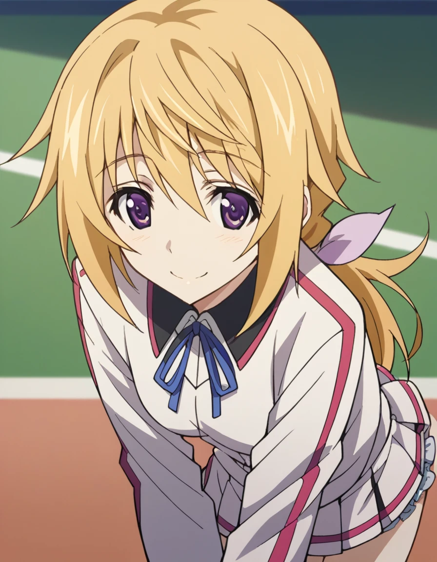 score_9, score_8_up, score_7_up, source_anime,
charlottedunois, charlotte dunois, long hair, blonde hair, ribbon, purple eyes, ponytail, hair ribbon,
tennis uniform,skirt lift,frilled panties,school ground
, bent over, smile,
looking at viewer, solo