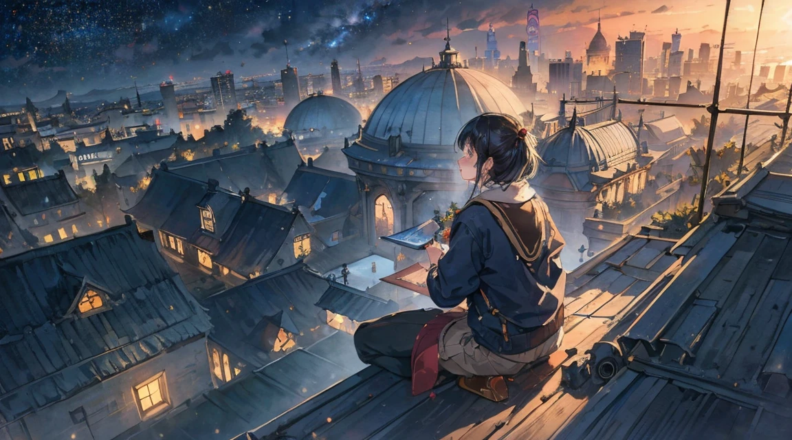 Highest quality, masterpiece, Very detailed, Detailed Background, anime, One Girl, Young girl, short, sf, sf, Outdoor, night, Starry Sky, greenhouse, giant structure, Biodome, Wind景, scenery, horizon, rooftop, sitting on rooftop, Wind, avert your eyes, Atmospheric lighting, Focus Only, close, From the side, Written boundary depth, Bokeh