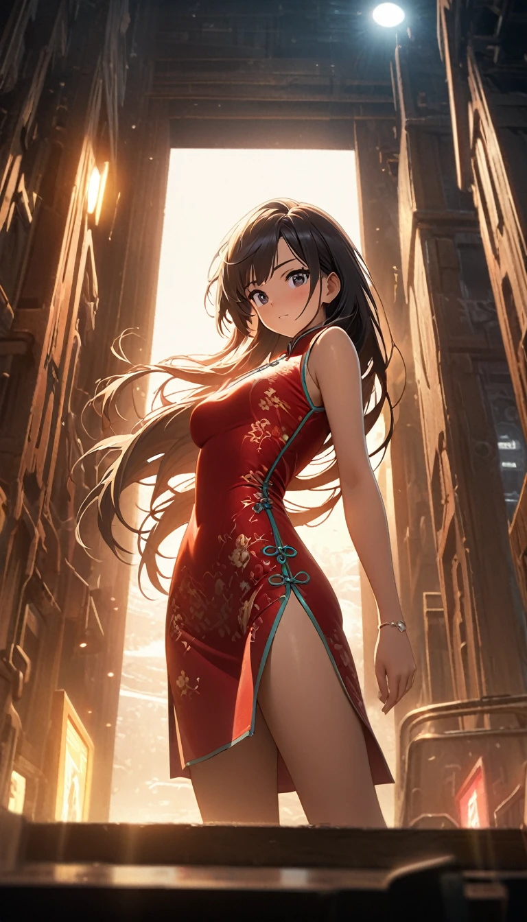 Cheongsam Girl,Long Hair,Pure white background,Depth of written boundary,Low angle view,Calf Level View,Overclocked Renderer,Cinema Lighting,Ultra-fine,Very detailed,complicated,Cinematic Perspective,CG Art,Side zipper