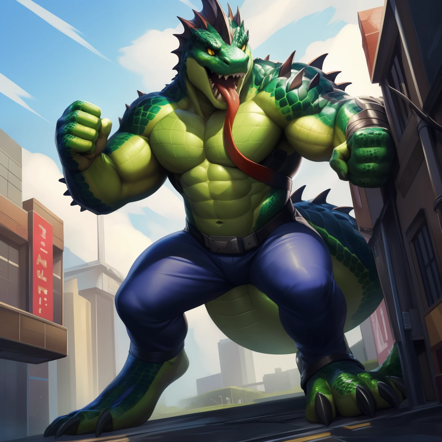 muscular male, marvel, scales tail, the lizard, 4 toes, green scales, green skin, rough scales, barefoot, detailed scales, yellow eyes, sharp teeth, large scales, no pupils, by null-ghost, ultra realistic, ultra intricate, digitigrade, long tongue out, wet, full body is green, bright red tongue, green belly, lab coat, tattered purple pants, bare belly, make a fist, macro